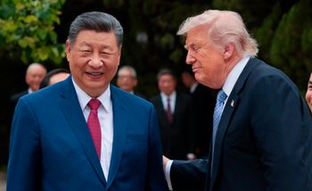 U.S. President Donald Trump, right, speaks with Chinese President Xi Jinping while leaving after a visit to the Zhongnanhai Garden in Beijing, Friday, May 15, 2026. 
