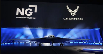 The B-21 Raider stealth bomber is unveiled at Northrop Grumman, December 2, 2022, in Palmdale, California.