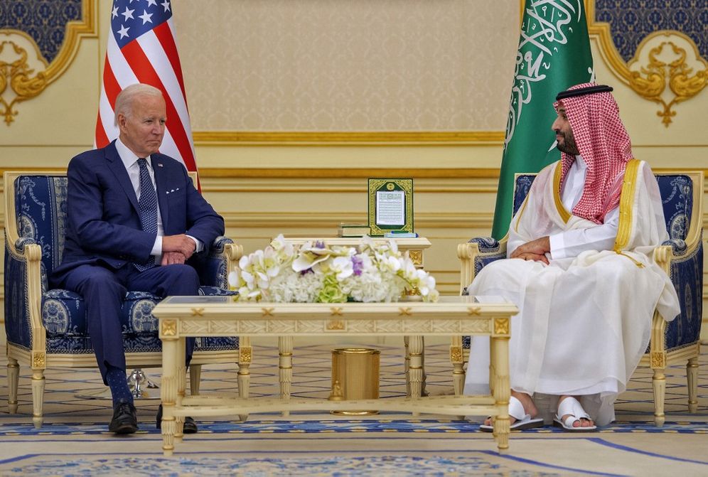 Saudi Crown Prince Mohammed bin Salman (R) meeting with US President Joe Biden at Al-Salam Palace in Jeddah, Saudi Arabia.
