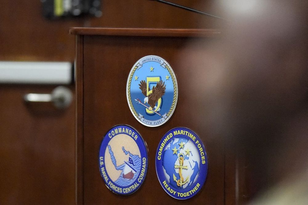 The logos of the U.S. Navy 5th Fleet Command at their headquarters in Bahrain's capital Manama.