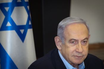 Israeli Prime Minister Benjamin Netanyahu leads a government conference at Hakirya base in Tel Aviv on January 7, 2024.