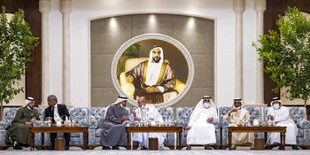 A handout image provided by the UAE Ministry of Presidential Affairs shows Mauritania's President Mohamed Ould Ghazouani (C-R) offering his condolences to Sheikh Mohamed bin Zayed al-Nahyan (C-L), President of the UAE and Ruler of Abu Dhabi.