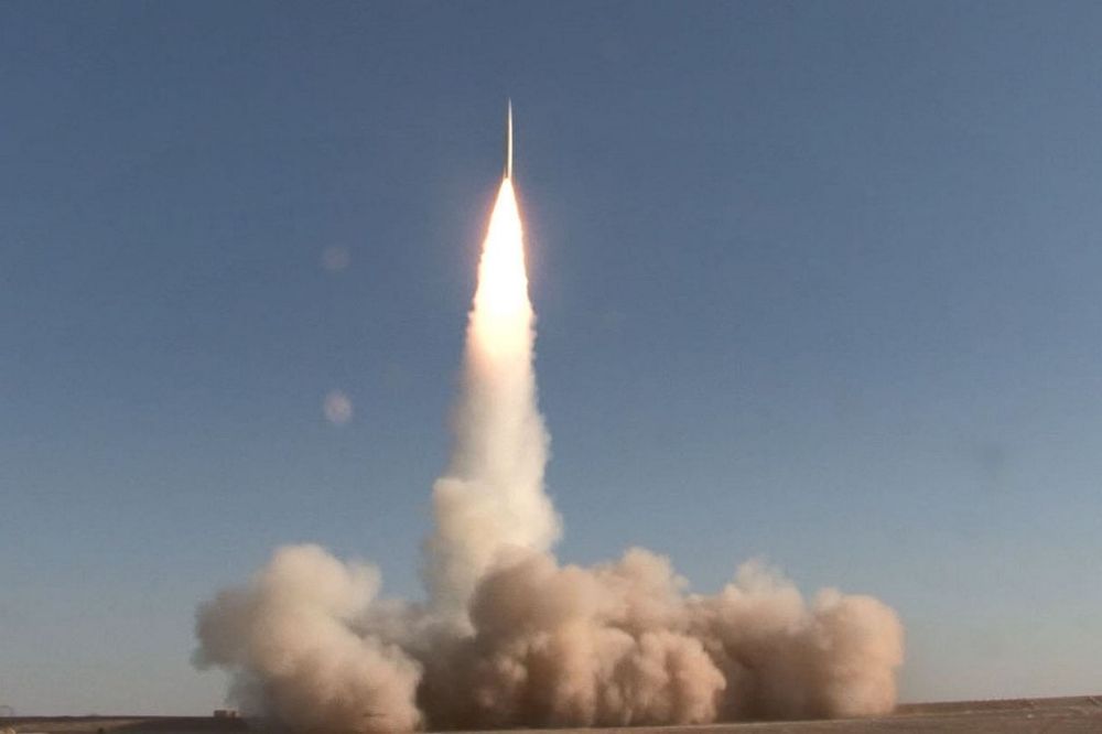 An Iranian missile being fired during the last day of the air defence exercise of 'Aseman Velayat 99', in an unidentified location in Iran, image released on October 22, 2020.
