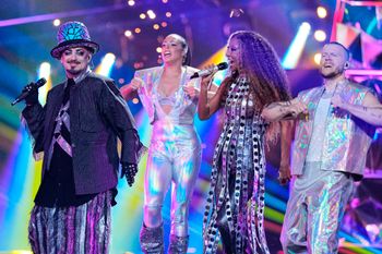 Senhit from San Marino and Boy George perform the song "Superstar" during the dress rehearsal for the first semifinal of the 70th Eurovision Song Contest in Vienna, Austria, Monday, May 11, 2026. (AP Photo/Martin Meissner)
