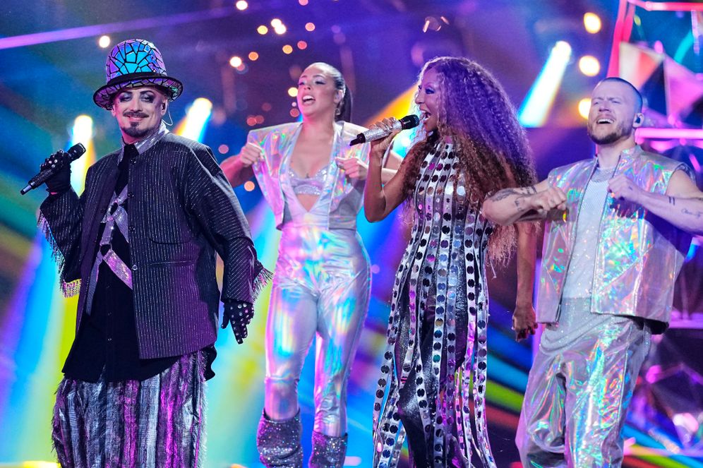 Senhit from San Marino and Boy George perform the song "Superstar" during the dress rehearsal for the first semifinal of the 70th Eurovision Song Contest in Vienna, Austria, Monday, May 11, 2026. (AP Photo/Martin Meissner)
