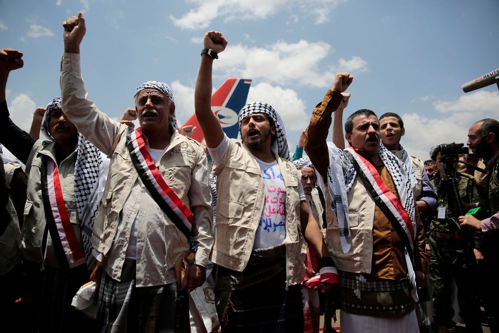 Houthis celebrate taking over the Sanaa airport in the capital of Yemen