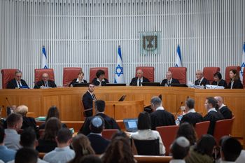 Supreme Court justices arrive for a hearing at the Supreme Court in Jerusalem on petitions against the law freezing arrests, investigations, and enforcement measures against Haredi draft evaders, July 28, 2026