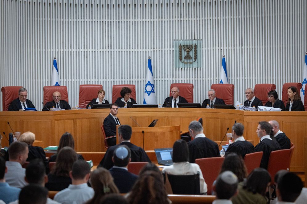 Supreme Court justices arrive for a hearing at the Supreme Court in Jerusalem on petitions against the law freezing arrests, investigations, and enforcement measures against Haredi draft evaders, July 28, 2026