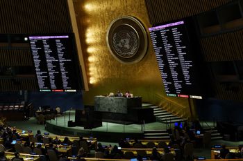 The board showing the passage of the resolution during a UN General Assembly vote to suspend Russia from the UN Human Rights Council in New York City, in the United States, on April 7, 2022.