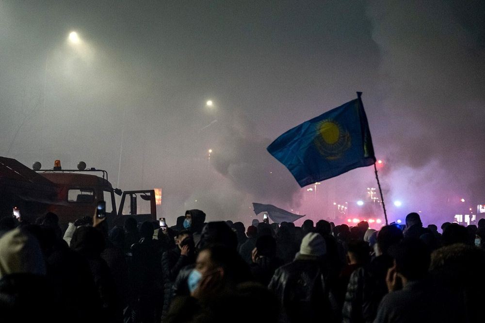 Protesters attend a rally in Almaty, Kazakhstan's largest city, on January 4, 2022.