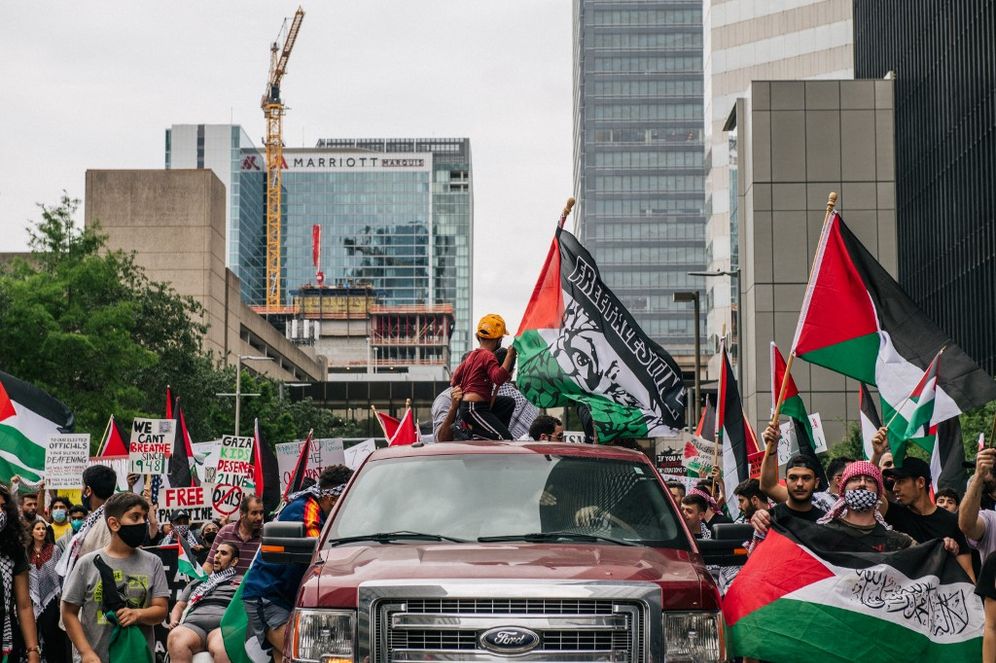 Pro-Palestinian demonstrators march in Houston, Texas on May 15, 2021.