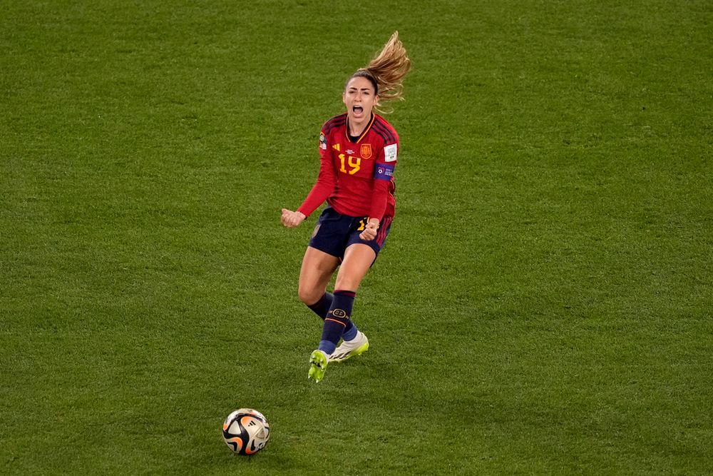 Spain's Olga Carmona celebrates after scoring a goal during the Women's World Cup soccer final between Spain and England at Stadium Australia in Sydney, Australia