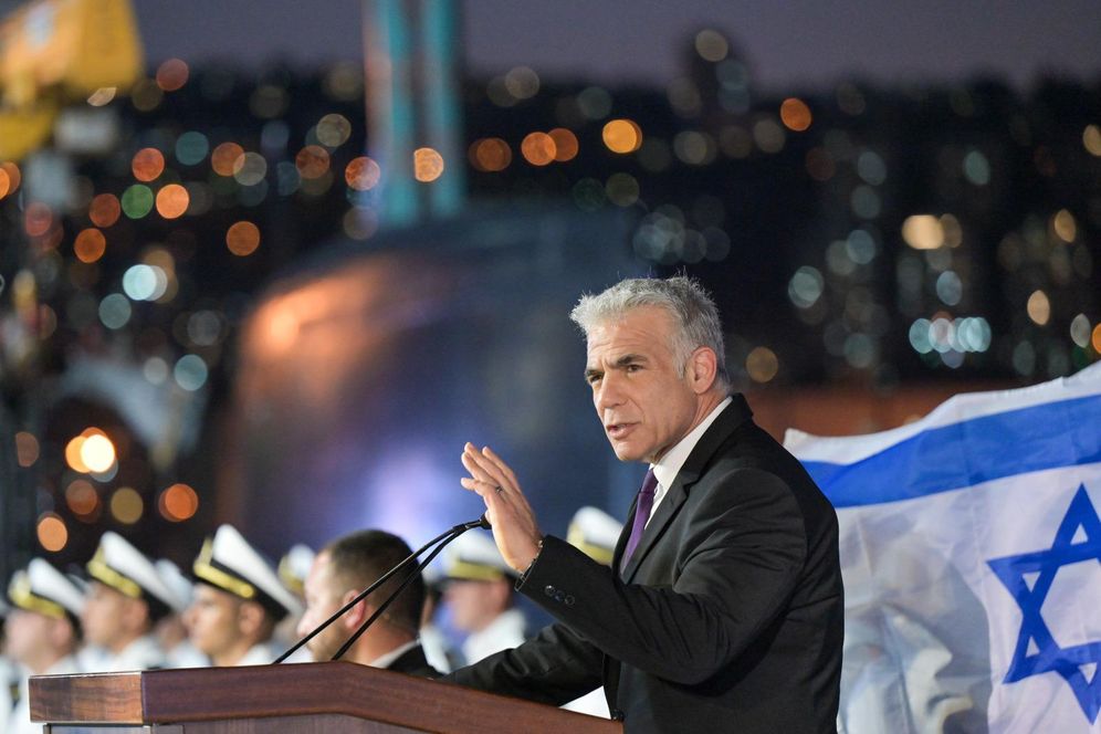 Israeli Prime Minister Yair Lapid at a graduating ceremony for naval officers at the Haifa Naval Base in northern Israel, on September 7, 2022.