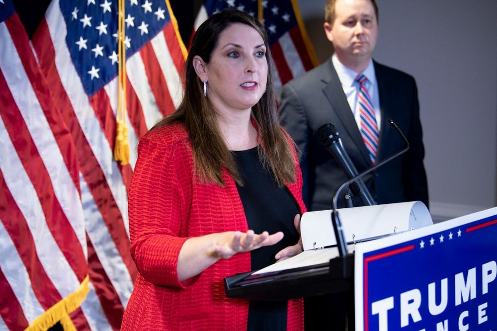 Chairman of the Republican National Committee Ronna McDaniel speaks during a press conference at the headquarters of the Republican National Committee in Washington DC, US, on November 9, 2020.