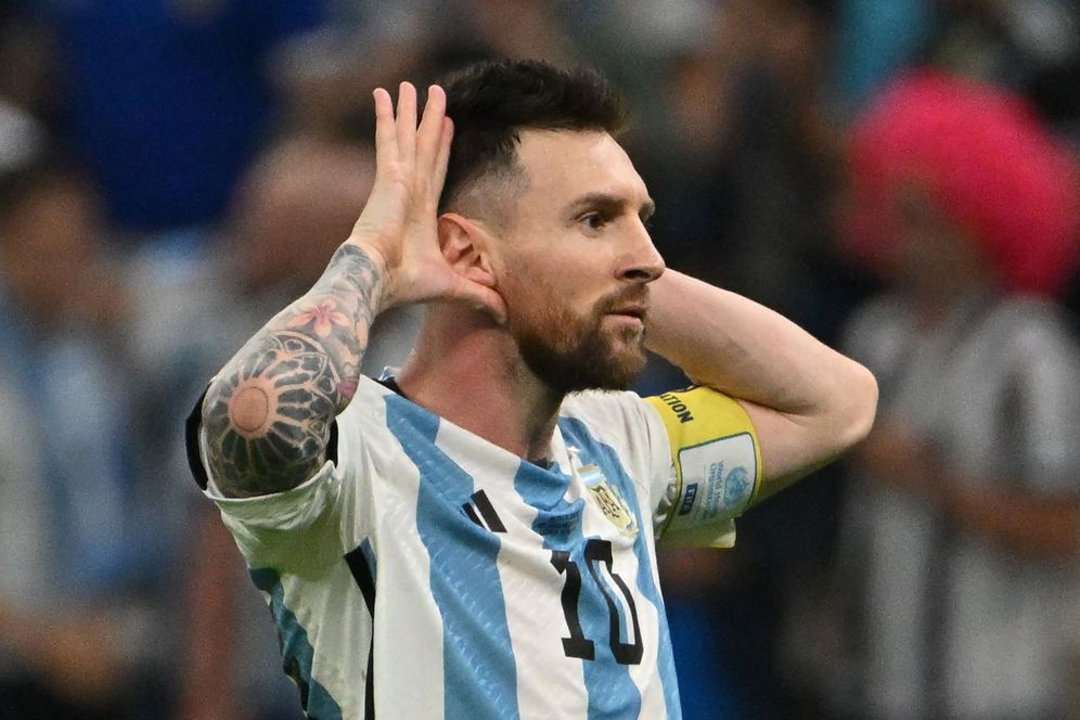 Argentina's forward #10 Lionel Messi celebrates after scoring during the Qatar 2022 World Cup quarter-final football match between Netherlands and Argentina at Lusail Stadium, north of Doha.