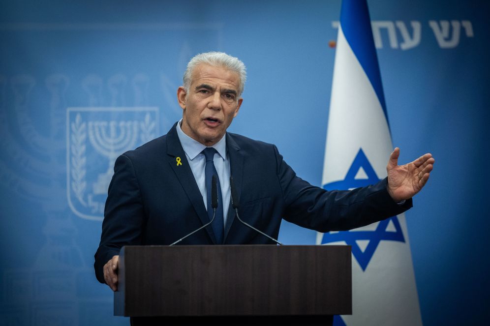 Opposition Leader Yair Lapid leads a Yesh Atid faction meeting at the Knesset, Israel's parliament in Jerusalem