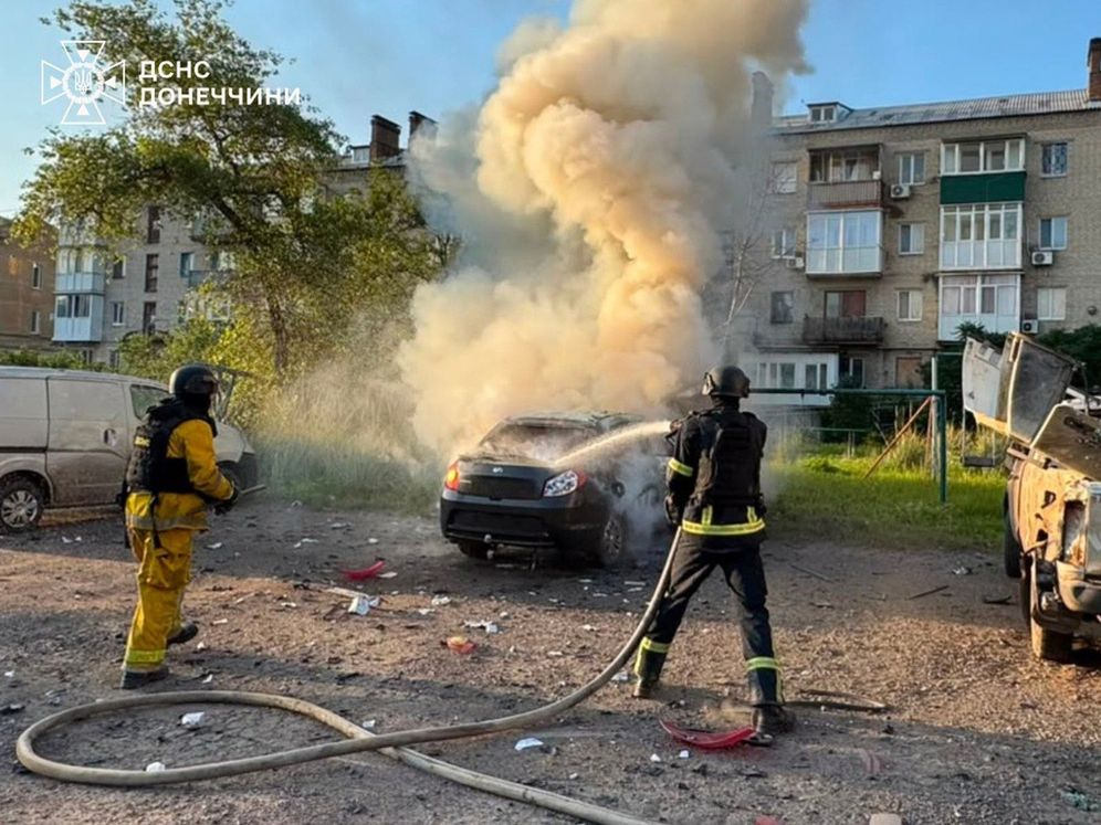 In this photo provided by the Ukrainian Emergency Service, emergency services personnel work to extinguish a fire following a Russian air attack in Kramatorsk, Donetsk region, Ukraine, Thursday, July 9, 2026. 