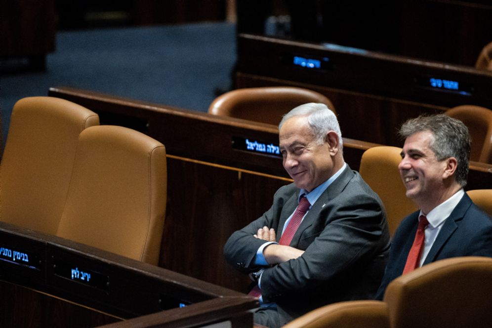 Israeli Prime Minister Benjamin Netanyahu and Israeli Foreign Minister Eli Cohen at the Knesset