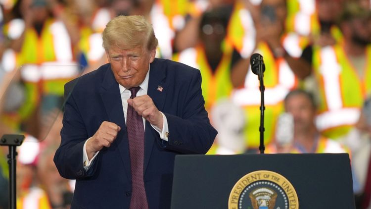 President Donald Trump gestures during a visit to the Lehigh Valley operations facility for Mack Trucks in Macungie, Pa., Tuesday, June 23, 2026. 

