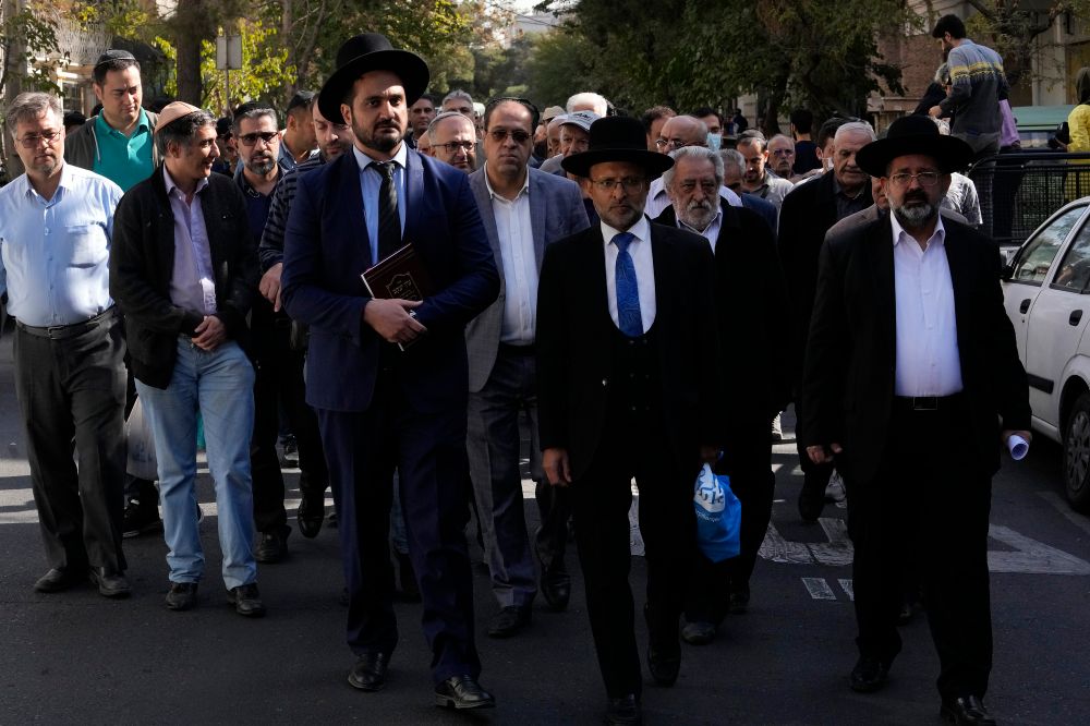 Iranian Rabbis and a group of Jewish community attend a gathering to condemn Israel's attacks on Gaza in Tehran, Iran, Monday, Oct. 30, 2023.