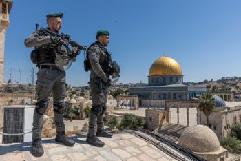 Israeli border police stand guard near the Temple Mount compound in Jerusalem's Old City, on May 25, 2022.