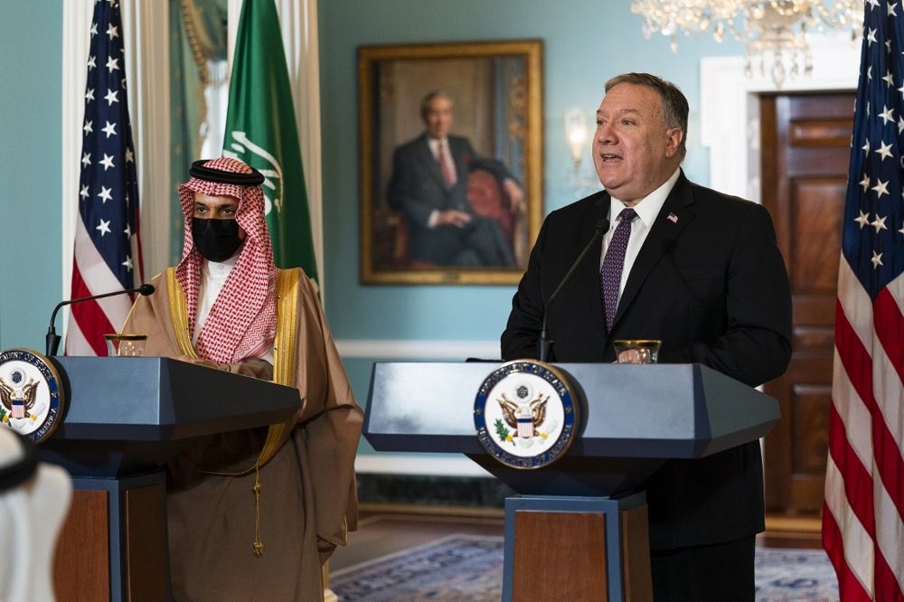 Saudi Minister of Foreign Affairs Prince Faisal bin Farhan Al Saud (left) and US Secretary of State Mike Pompeo at the State Department, October 14, 2020, in Washington, DC.