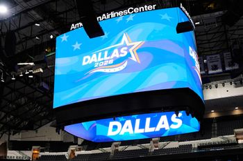 A large video board is shown inside American Airlines Center during a media walkthrough in Dallas, Wednesday, Aug. 5, 2026, ahead of the upcoming Republican National Convention. 