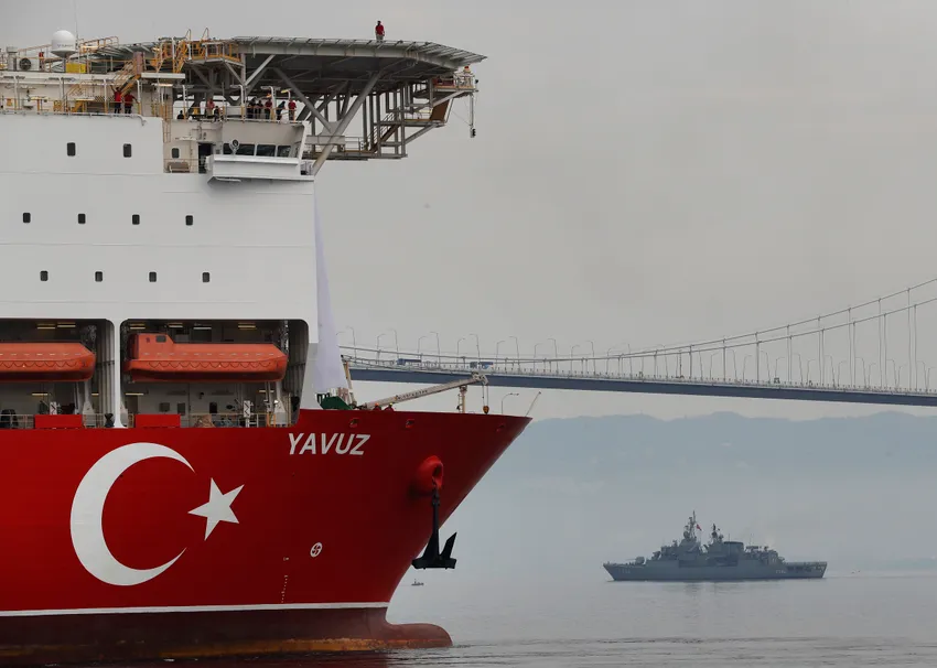 Turkey's 230-meter (750-foot) drillship 'Yavuz' escorted by a Turkish Navy vessel, crosses the Marmara Sea on its way to the Mediterranean, from the port of Dilovasi, outside Istanbul, Thursday, June 20, 2019.