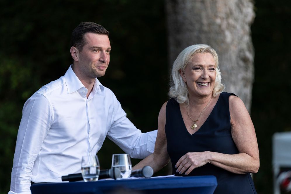 Far-right party National Rally president Jordan Bardella and far-right leader Marine Le Pen attend a rally in Lievin, northern France, Saturday, July 4, 2026. 