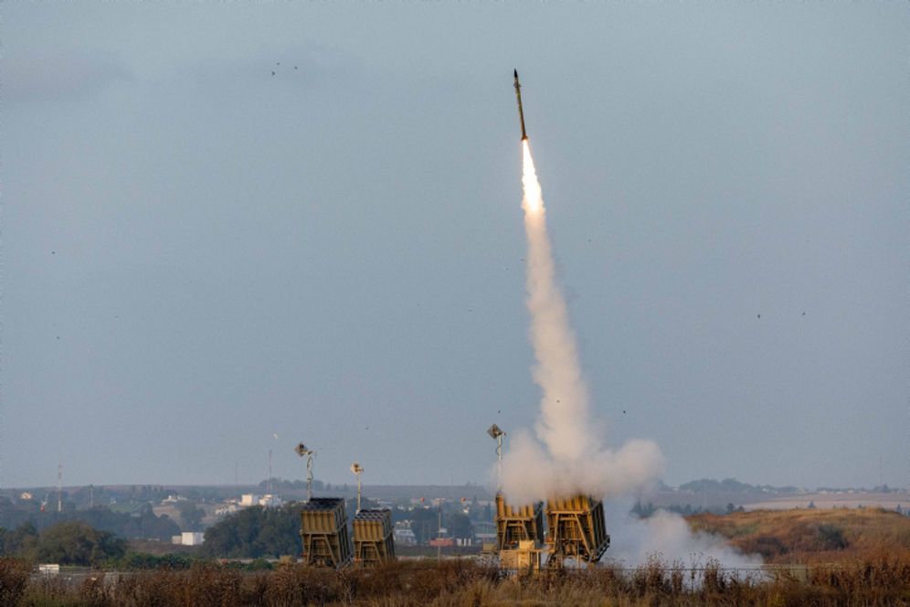 Iron dome anti-missile system fires interception missiles as rockets fired from the Gaza Strip to Israel, in Sderot, southern Israel.