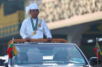 Junta chief Senior General Min Aung Hlaing at a ceremony marking the 75th anniversary of Independence Day in Naypyitaw, Myanmar, on January 4, 2023.