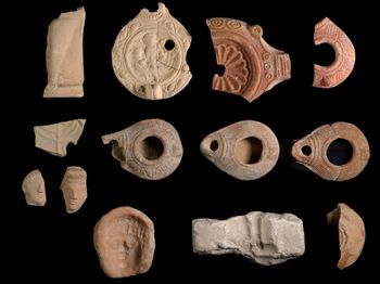 Finds from the Beit Nattif excavation in Beith Shemesh, including ceramic oil lamps, figurine fragments and stone lamp molds.