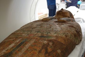 An Egyptian sarcophagus being scanned by a CT machine at Shaare Zedek Medical Center, in Jerusalem, Israel.