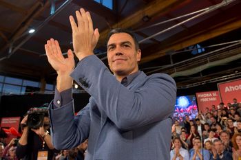 Spain's caretaker Prime Minister and socialist candidate Pedro Sanchez applauds during the last day of campaign rallies in Alcala de Henares, Spain, Friday Nov. 8, 2019