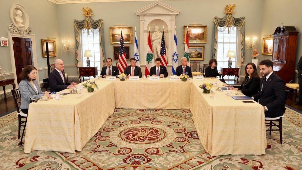 Shmulik Alemani سفير إسرائيل في الولايات المتحدة يحيئيل لايتر، وزير الخارجية الأمريكي ماركو روبيو، القائمة بأعمال الولايات المتحدة في لبنان ميشيل عيسى، وسفيرة لبنان في الولايات المتحدة ندى حمادة 14.04.26