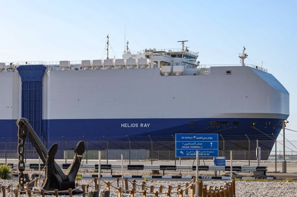 A view of the Israeli-owned Bahamian-flagged MV Helios Ray cargo ship docked in Dubai's Mina Rashid (Port Rashid) cruise terminal, on February 28, 2021.
