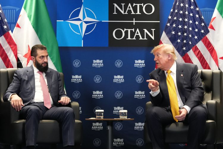 U.S. President Donald Trump meets with Syrian President Ahmad al-Sharaa on the sidelines of the NATO summit in Ankara, Turkey, Wednesday, July 8, 2026