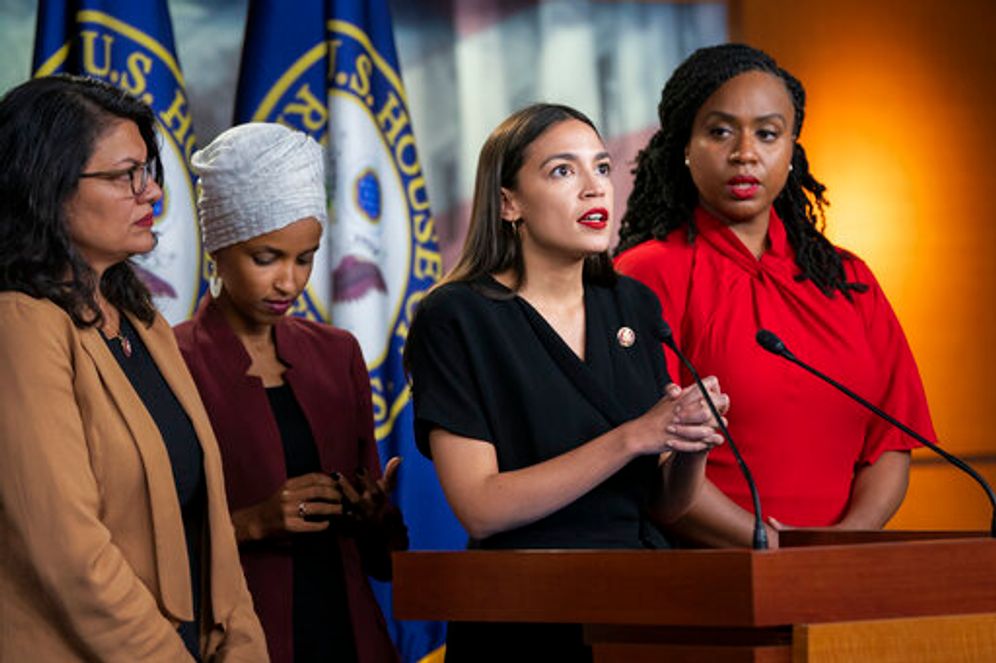 From left, Rep. Rashida Tlaib, D-Mich., Rep. Ilhan Omar, D-Minn., Rep. Alexandria Ocasio-Cortez, D-N.Y., and Rep. Ayanna Pressley, D-Mass., during a news conference at the Capitol in Washington, on July 15, 2019.
