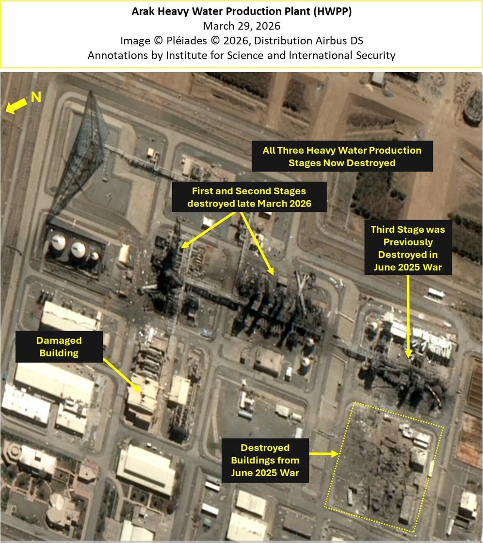 Airbus satellite imagery from March 29, 2026, shows extensive destruction to the heavy water production plant at the Arak nuclear complex