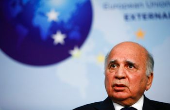 Iraq's Foreign Minister Fuad Hussein participates in a media conference with European Union foreign policy chief Josep Borrell in Brussels, Thursday, Jan. 20, 2022.