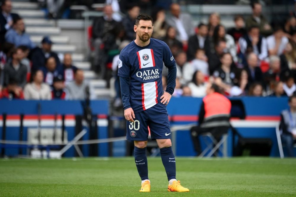 Paris Saint-Germain's Argentine forward Lionel Messi reacts during the French L1 football match between Paris Saint-Germain (PSG) and FC Lorient at The Parc des Princes Stadium in Paris