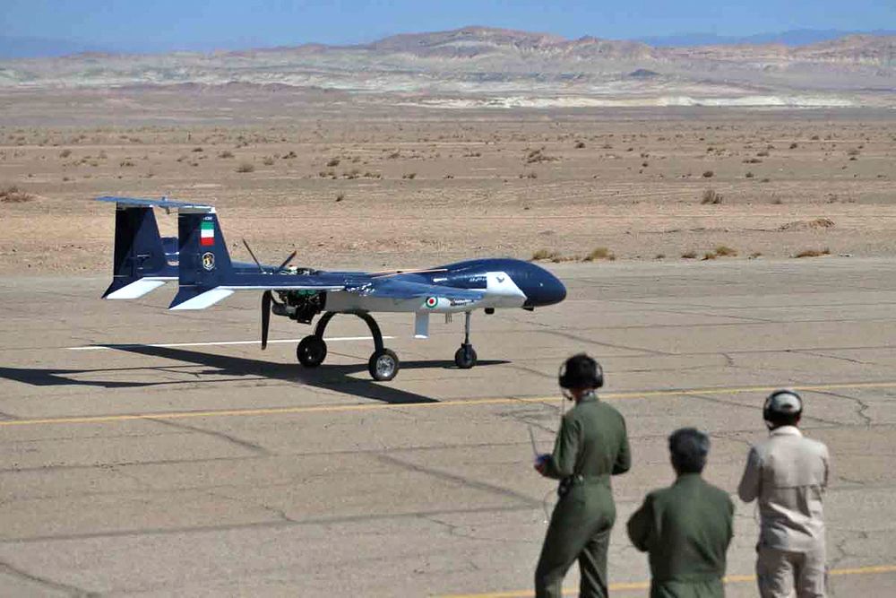 A military unmanned aerial vehicle (UAV or drone) on a runway during a two-day drone exercise at an undisclosed location in Iran, August 24, 2022.