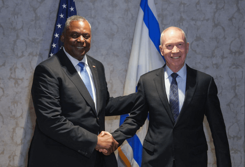 Israel's Defense Minister Yoav Gallant with U.S. Secretary of Defense Lloyd Austin in Brussels, Belgium.