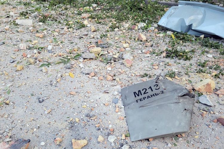This handout photo taken and released by Armed Forces of Ukraine shows the wreckage of allegedly Iranian-made drone, which was shot down in the town of Odessa, Ukraine, on September 25, 2022.