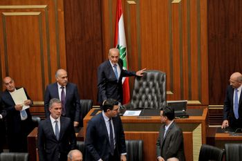 Lebanese Parliament Speaker Nabih Berri (C) attends a parliament session to elect a new President in Beirut, Lebanon on September 29, 2022.