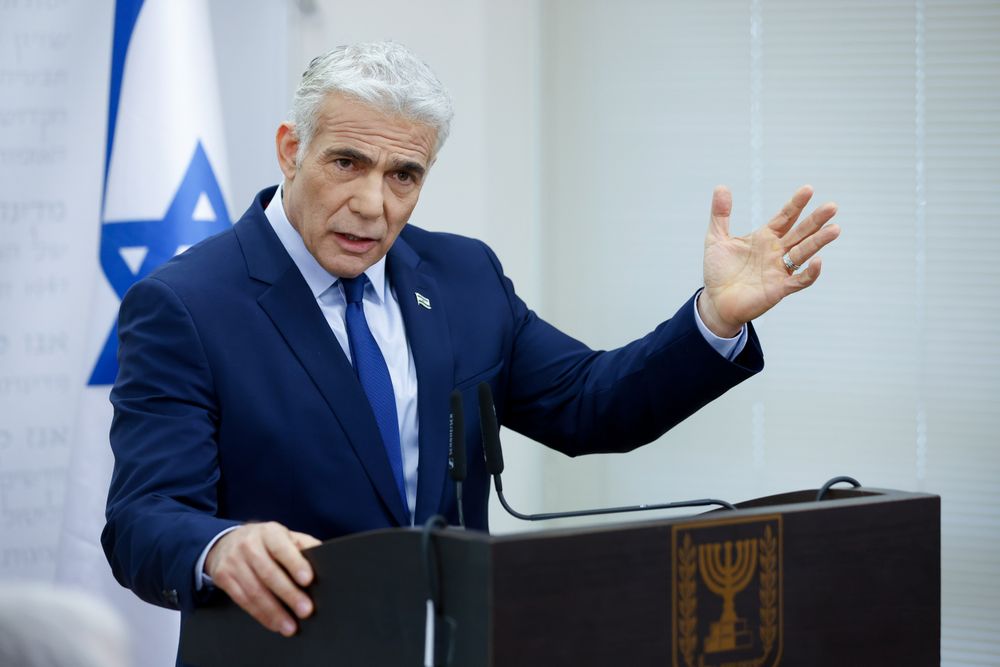 Israeli Foreign Minister Yair Lapid, during a meeting in Israel's parliament in Jerusalem, on May 9, 2022.