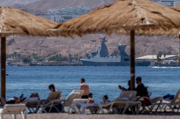 A Saar-6 corvette, the latest-generation warship which Israel is using for its naval defense system amid maritime threats from Yemen's Houthi rebels, is seen in waters in Eilat, Israel, Tuesday, April 16, 2024.