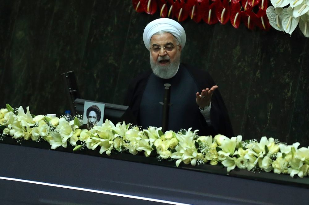 Iranian President Hassan Rouhani speaks during the inauguration of the new parliament in Tehran, Iran, May, 27, 2020.