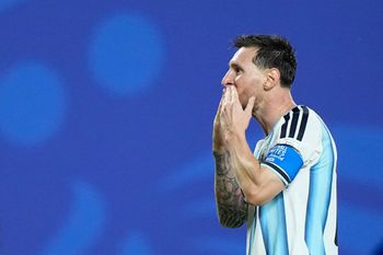AP Photo/Charlie Riedel Argentina's Lionel Messi reacts after scoring his third goal during the World Cup Group J soccer match between Argentina and Algeria in Kansas City, Mo., Tuesday, June 16, 2026.