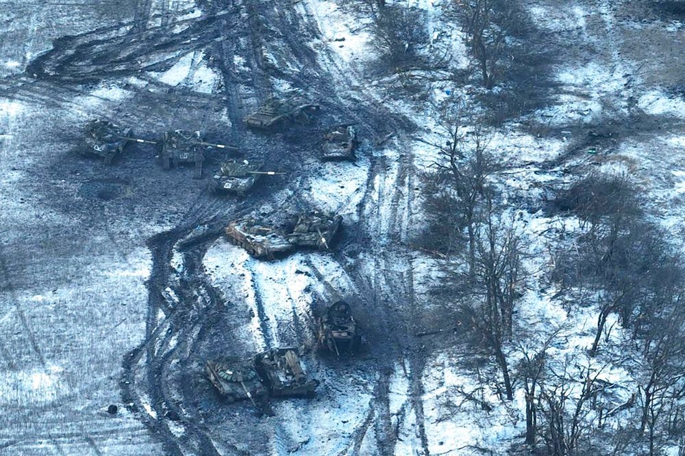 This image provided by the Ukrainian Armed Forces and taken in February 2023 shows damaged Russian tanks in a field after an attack on Vuhledar, Ukraine.